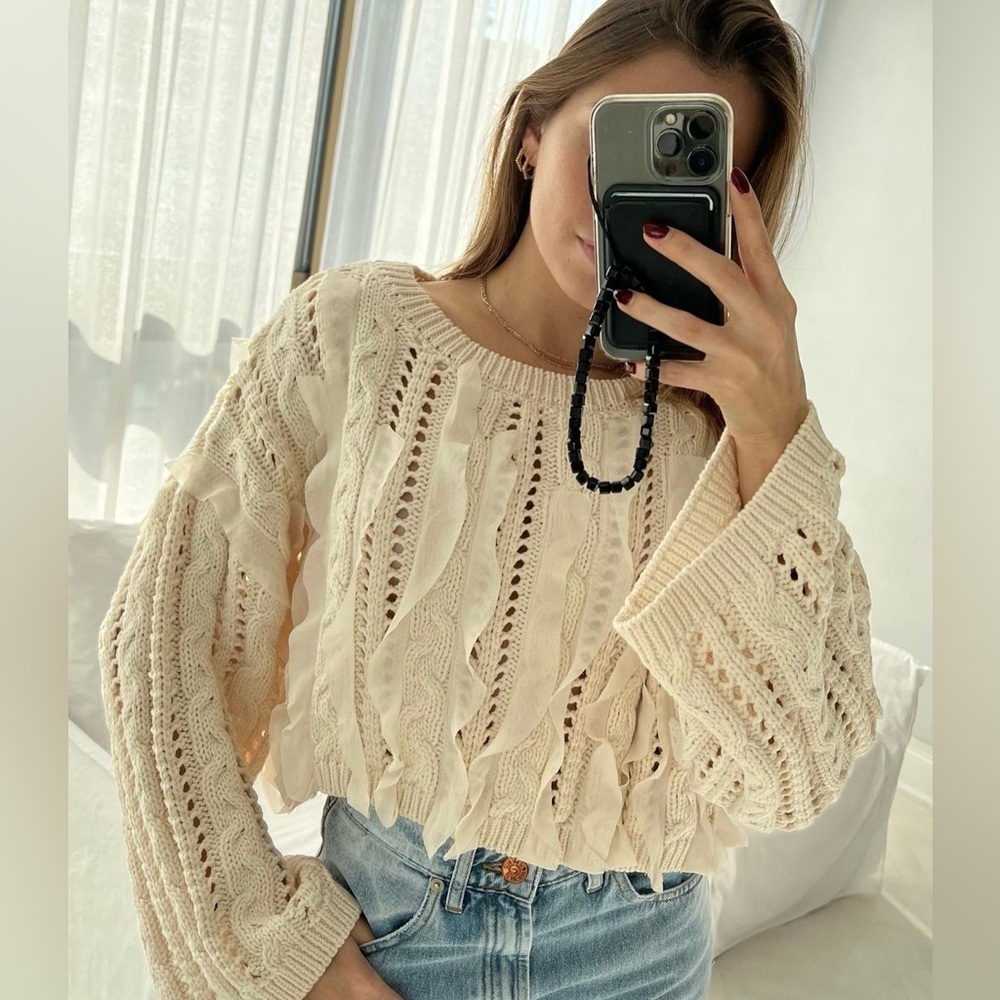 New $89 Zara Ruffled Ecru Crop Sweater Limited Edition Large 2893/003